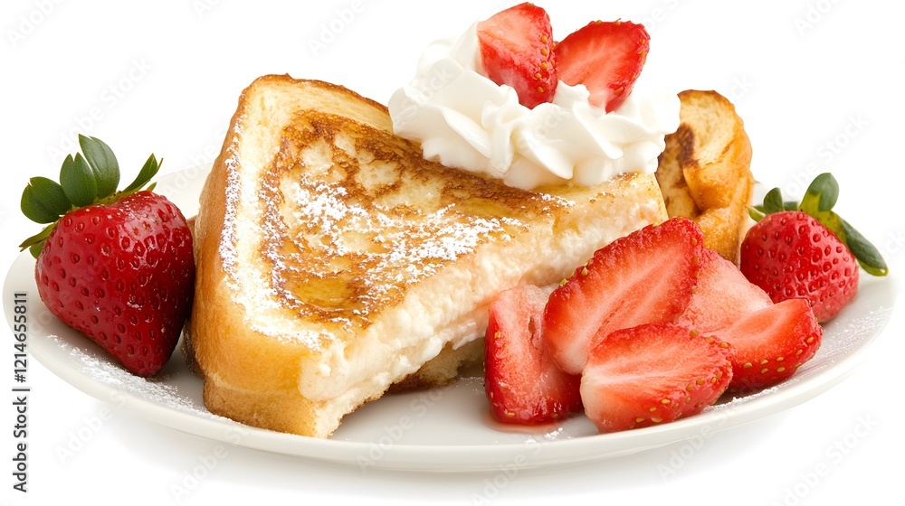 Delicious French toast topped with whipped cream, strawberries, and a dusting of powdered sugar Delicious French toast topped with whipped cream, strawberries, and a dusting of powdered sugar
