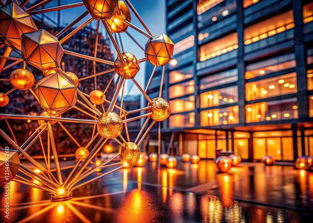 Fototapeta premium Abstract Orange Molecular Structure with Bokeh Lights: Architectural Photography