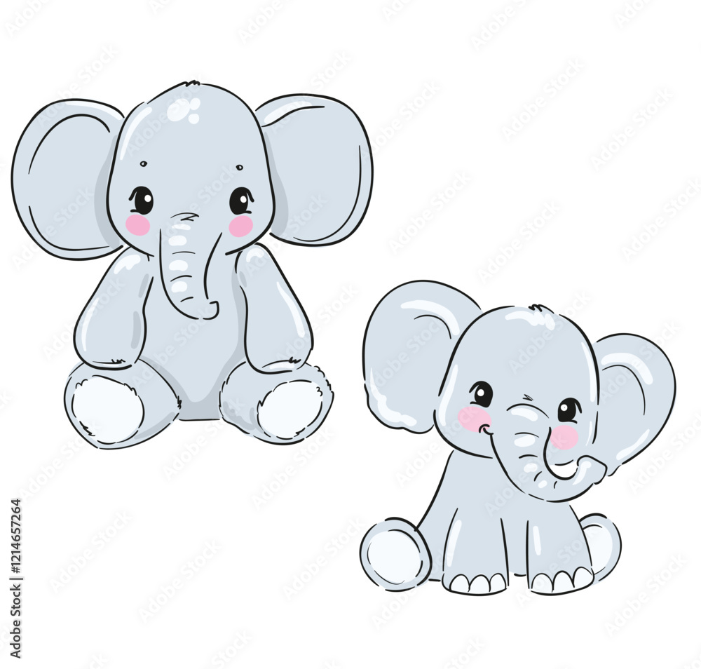Naklejka premium Hand Drawn a set of cute elephants isolated on a white background, vector illustration