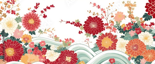 A modern Oriental-style background featuring Chinese and Japanese patterns in line art with golden textures. The wallpaper design includes mountains and flowers, as well as oceans and waves photo