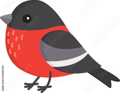 Cute bullfinch bird isolated on white background. Illustration with wild birdie stands 