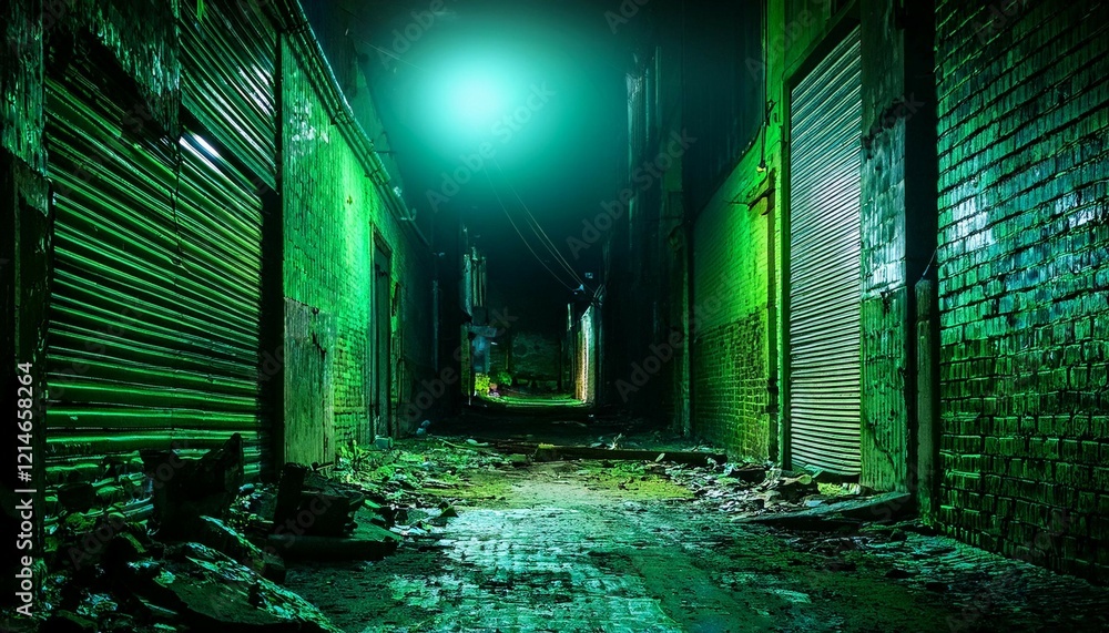 a dark abandoned alleyway illuminated by eerie green light showcasing scattered debris and a moody atmosphere a dark abandoned alleyway illuminated by eerie green light showcasing scattered debris and a moody atmosphere