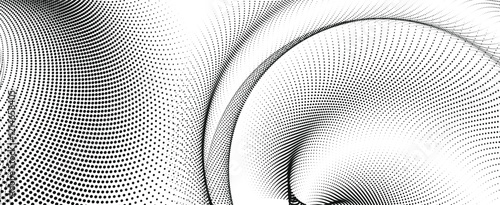 A dynamic particle waves within a halftone gradient create a fluid dot curve on a transparent background for technology, sound, music. Dots and lines halftone illustration.