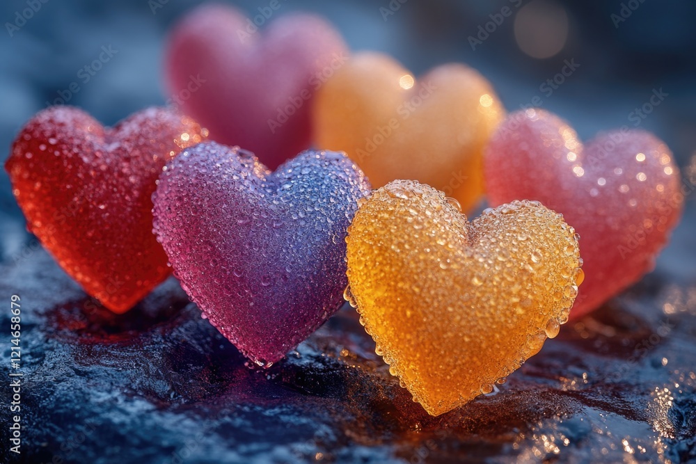 Fototapeta premium A collection of colorful gummy hearts arranged on a flat surface, ideal for use in illustrations or designs related to love, friendship, and celebration