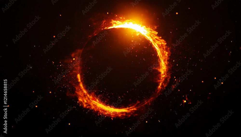 Wide and long fire circle at the center with dust sparks on a dark black background Wide and long fire circle at the center with dust sparks on a dark black background