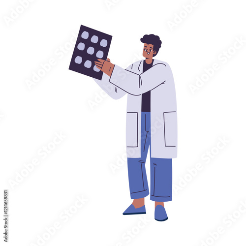 Man Scientist Character in Coat Standing with Brain Screen Vector Illustration