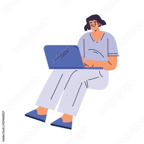 Woman Scientist Character in Coat Sit with Laptop Vector Illustration