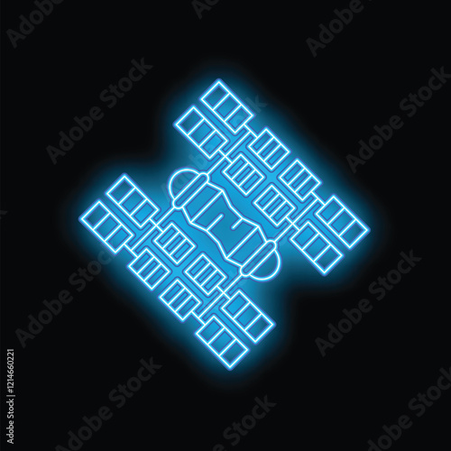 Blue glowing neon line satellite icon isolated on black background for your design, concept of space exploration and aerospace industry