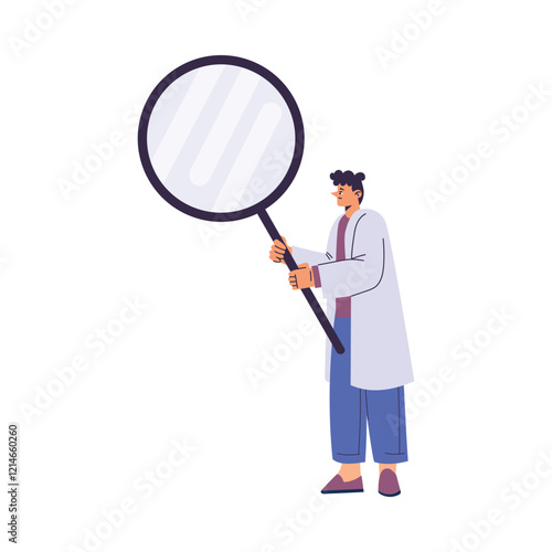 Man Scientist Character in Coat Standing with Magnifier Vector Illustration