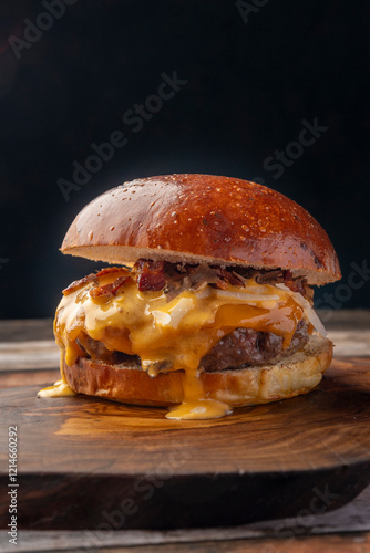 This mouthwatering cheeseburger features a perfectly cooked patty topped with crispy bacon and oozy melted cheese, all nestled within a golden brioche bun. photo