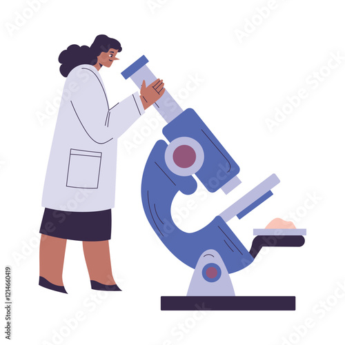 Woman Scientist Character in Coat Standing with Microscope Vector Illustration