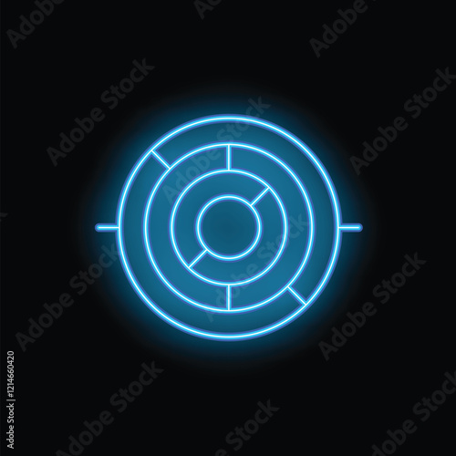 Blue neon icon of a target glowing on a dark background, a simple graphic symbolizing a goal or objective