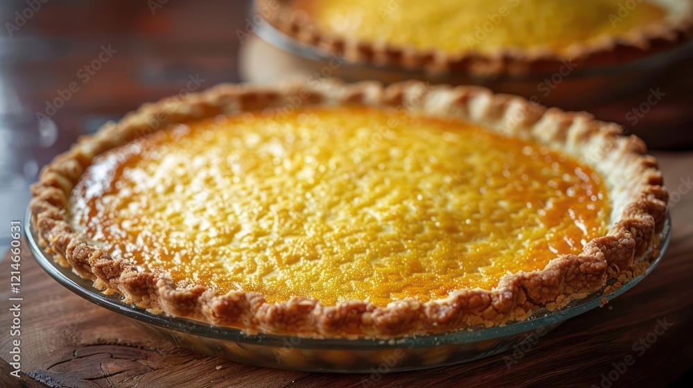 Freshly baked custard pie cooling on a wooden surface, with a warm kitchen ambiance in the background Freshly baked custard pie cooling on a wooden surface, with a warm kitchen ambiance in the background