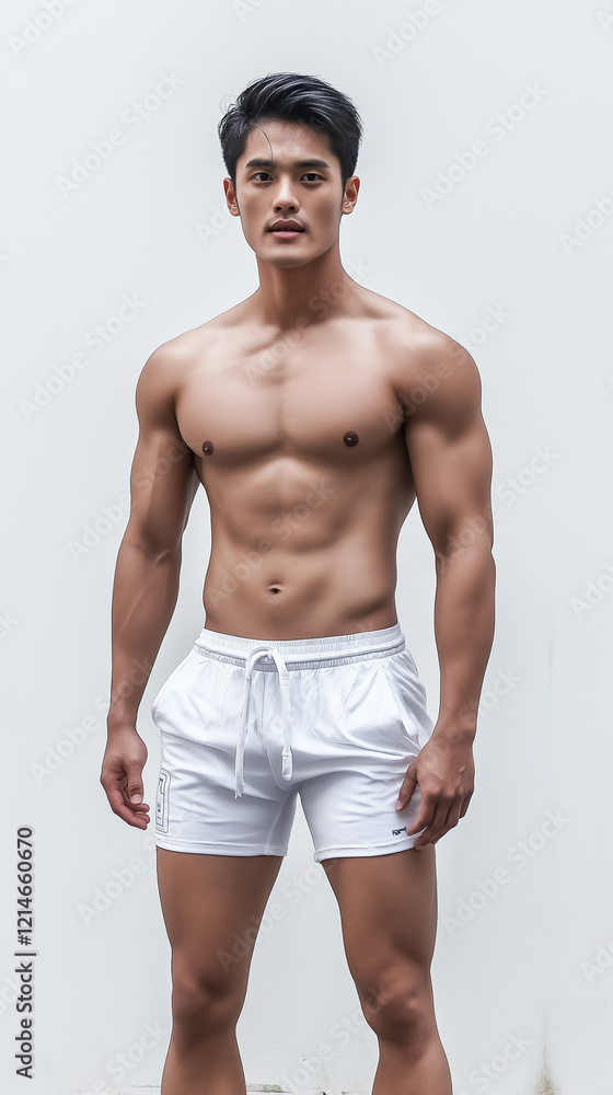 Fototapeta premium The handsome Asian male in white swimming pant