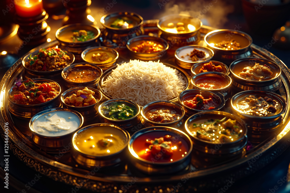 Fototapeta premium A silver plate filled with different types of food on a table