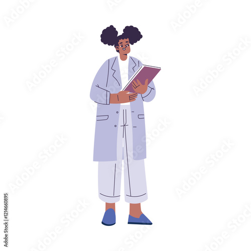 Woman Scientist Character in Coat Standing with Clipboard Vector Illustration