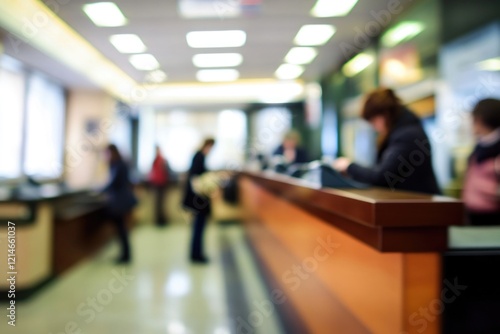 A blurry image of a woman sitting at a reception desk, possibly in an office or hotel setting photo