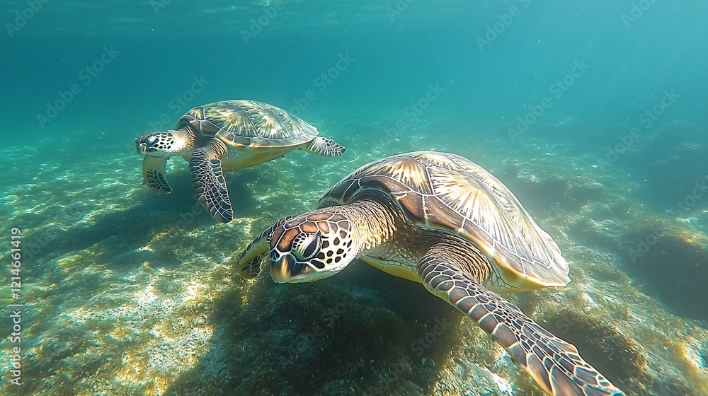 Obraz premium Serene underwater view of Japanese sea turtles swimming close to the ocean floor, evoking tranquility and marine beauty, perfect for wildlife and nature designs.