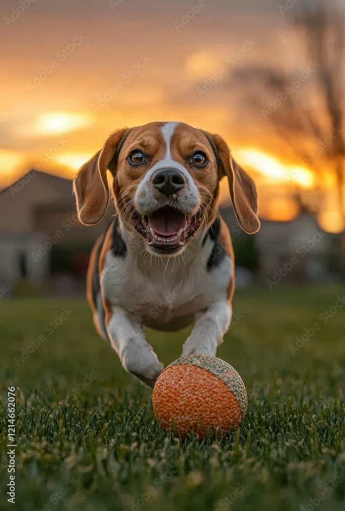 Happy Beagle Dog Running Towards Camera with a Bright Orange Ball in a Lush Green Field at Sunset, Capturing Joy and Playfulness in Nature Happy Beagle Dog Running Towards Camera with a Bright Orange Ball in a Lush Green Field at Sunset, Capturing Joy and Playfulness in Nature