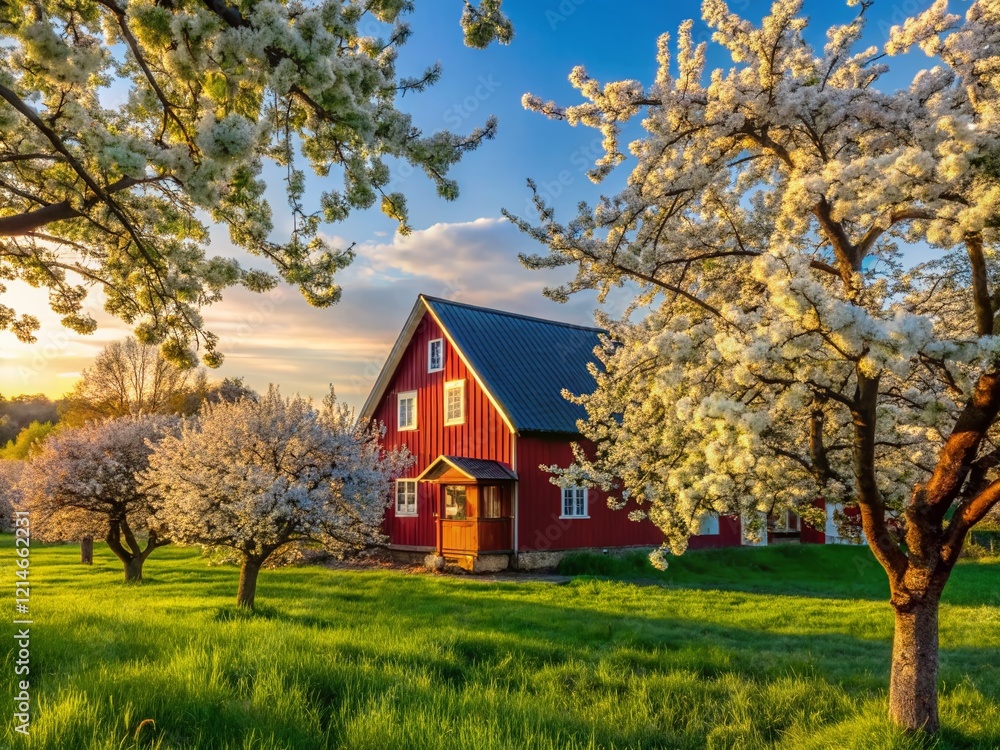 Obraz premium Spring Apple Blossom Orchard Architectural Photography: Rustic Farmhouse & Blooming Trees