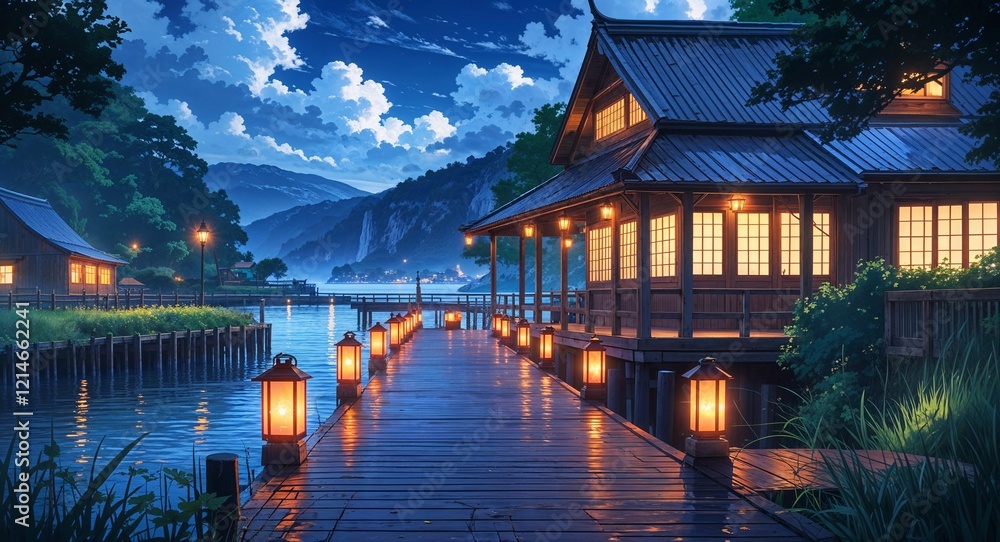Fototapeta premium Hyperdetailed countryside scenery lanternlit pier on anime background