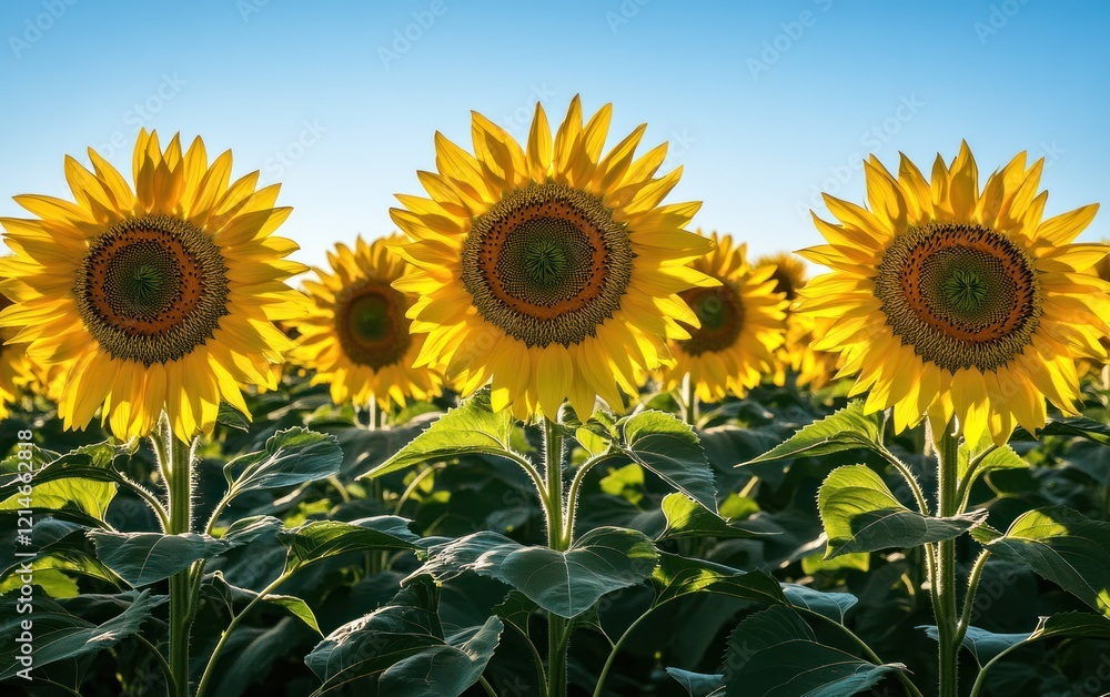 Fototapeta premium A Vibrant Field of Sunflowers Under a Clear Blue Sky during a Sunny Day