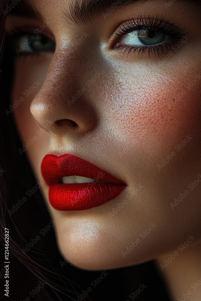 Naklejka premium Close-up portrait of a woman wearing bright red lipstick, focus on facial features