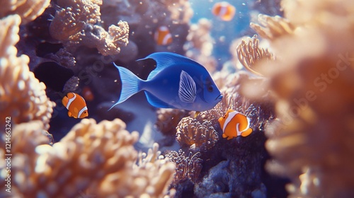 a royal blue tang fish surrounded by small orange clownfish in a detailed coral reef, perfect for marine life and oceanic design themes. photo