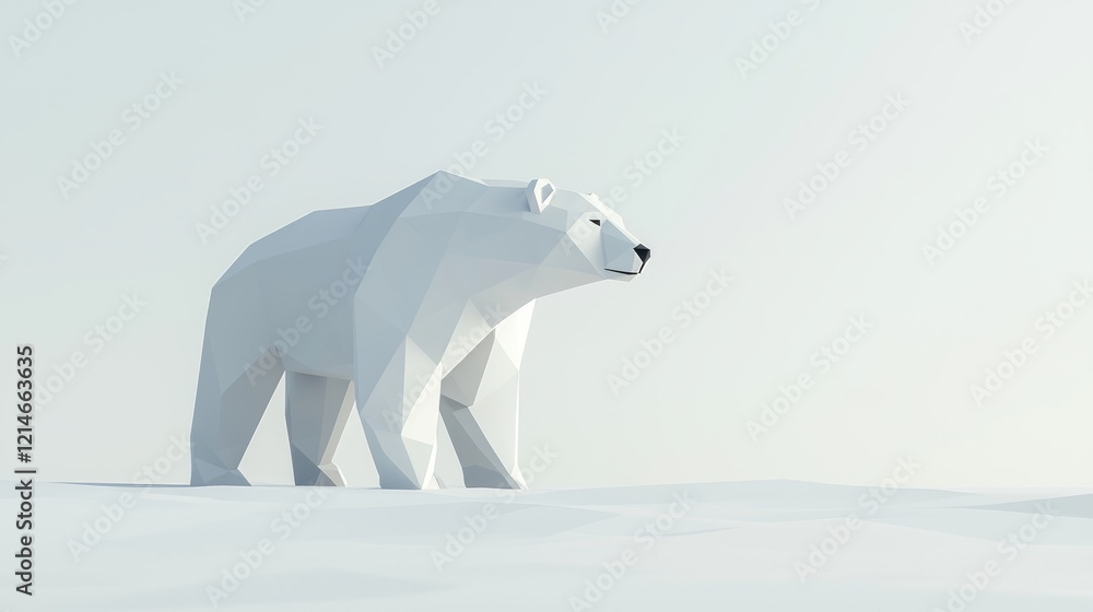 Fototapeta premium Arctic Reflections: Low-Poly Stylized Polar Bear in Minimalist Cinematic Environment with Ultra-Detailed White Geometry