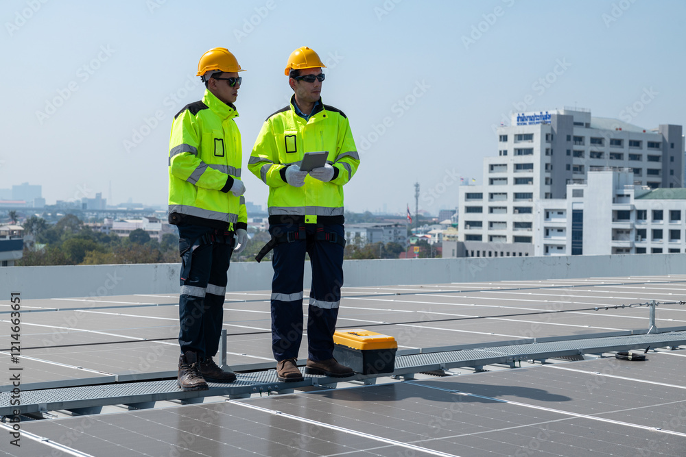 custom made wallpaper toronto digitalYoung engineer in uniform sits on a solar farm, clean energy