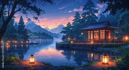 Hyperrealistic lanternlit lake scenery on anime background photo