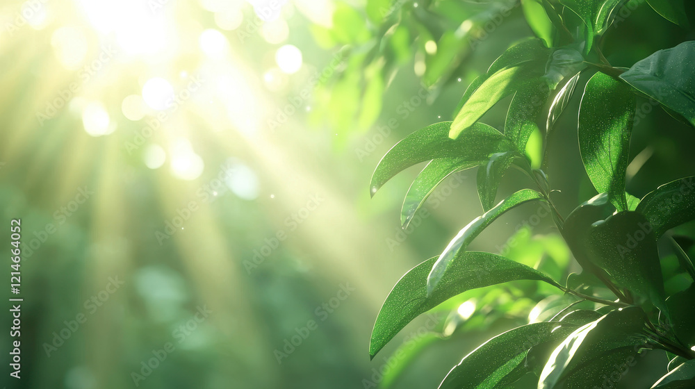 Fototapeta premium Vibrant green leaves illuminated by sunbeams in serene forest