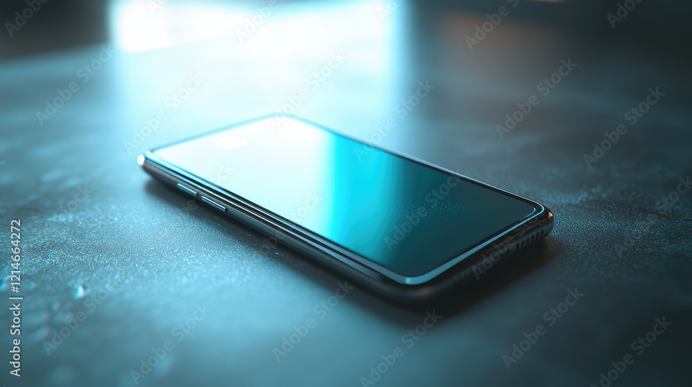 sleek smartphone rests on a table. The blue light creates a calming atmosphere sleek smartphone rests on a table. The blue light creates a calming atmosphere