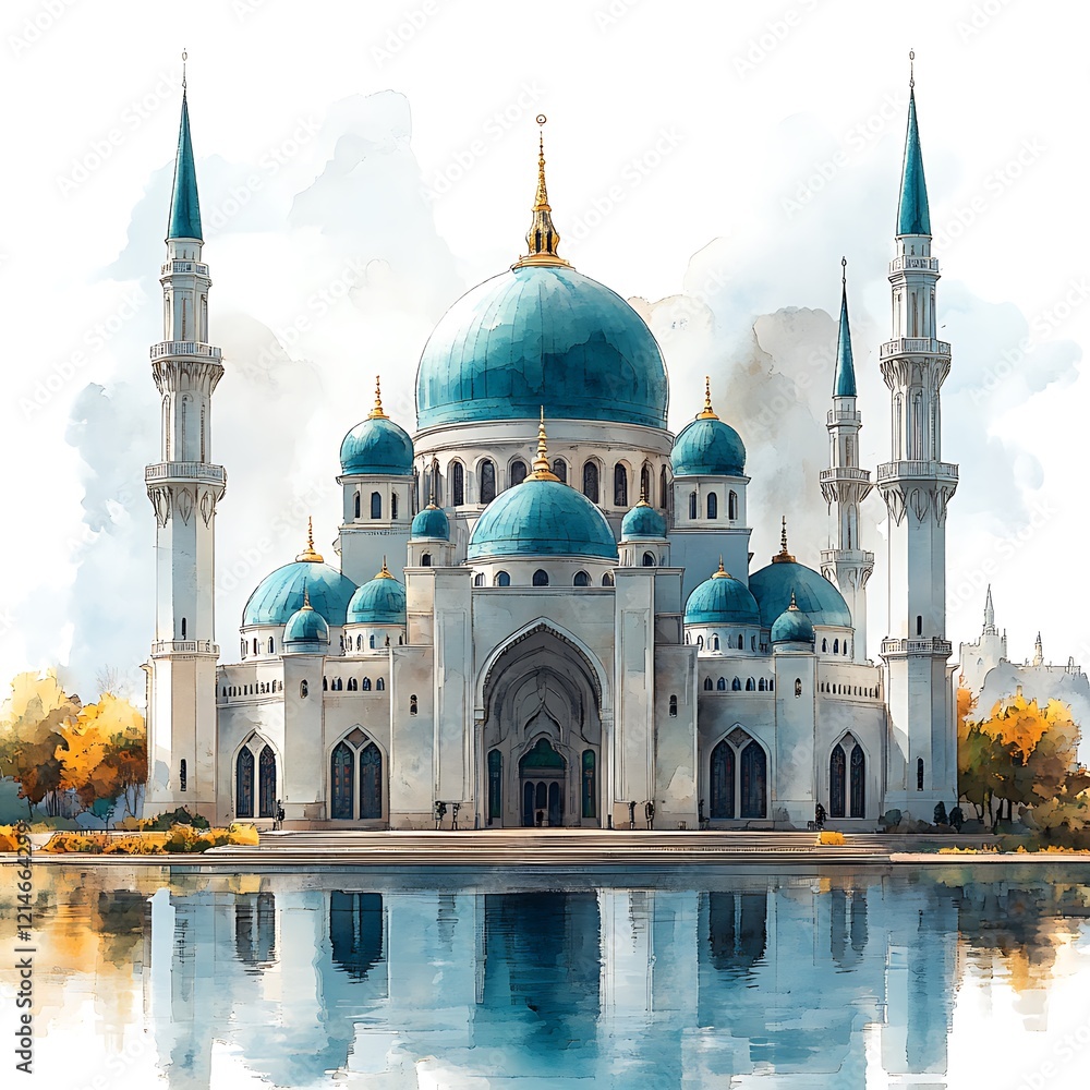 Naklejka premium Mosque Illustration Design Islamic Background Hand drawn Watercolor Artwork. 