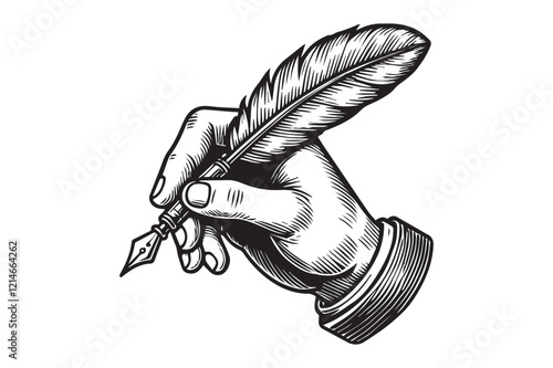 hand holding a feather pen in line art