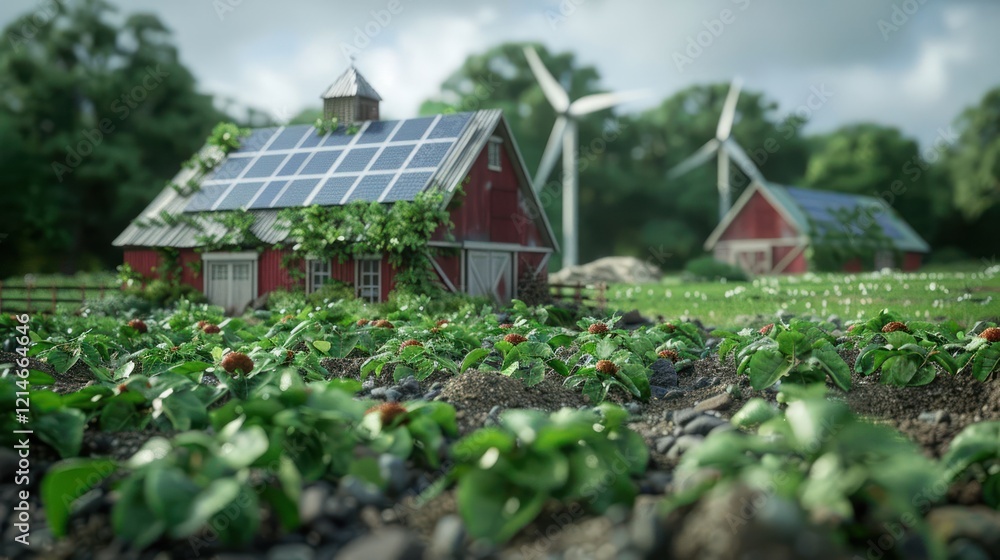 Vibrant farm landscape with solar panels, wind turbines, and lush vegetable fields under cloudy sky Vibrant farm landscape with solar panels, wind turbines, and lush vegetable fields under cloudy sky