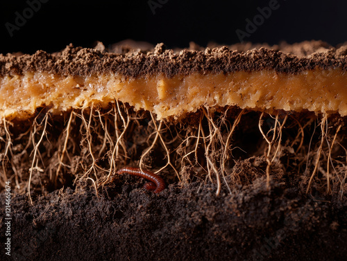 Underground soil layers with roots and earthworm, showcasing nature ecosystem photo