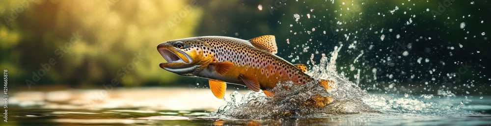 A brown trout leaps from the water, creating splashes in its attempt to escape. In the background, a fishing shop is visible, hinting at an early morning fishing adventure, banner. A brown trout leaps from the water, creating splashes in its attempt to escape. In the background, a fishing shop is visible, hinting at an early morning fishing adventure, banner.
