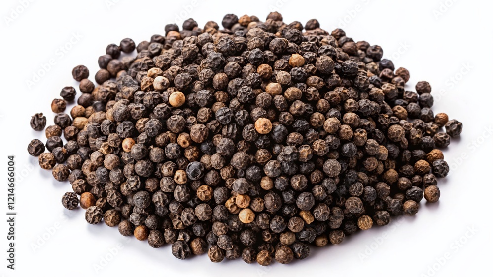 Black Peppercorns Isolated on White Background, Top View - High-Resolution Night Photography Black Peppercorns Isolated on White Background, Top View - High-Resolution Night Photography