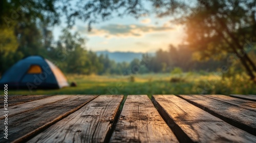 Fototapeta Naklejka Na Ścianę i Meble -  Rustic wooden table, campsite sunset, forest background, product display