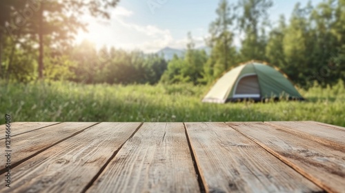 Fototapeta Naklejka Na Ścianę i Meble -  Wooden table in front of camping tent in forest