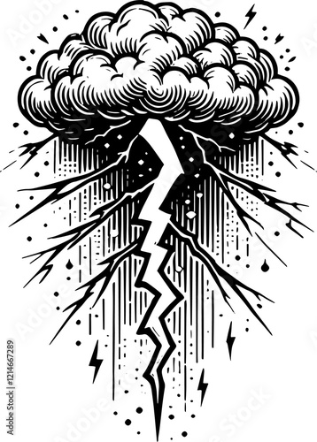 Storm Cloud and Lightning: A dramatic black and white illustration of a thundercloud unleashing a powerful lightning bolt amidst a torrential downpour.