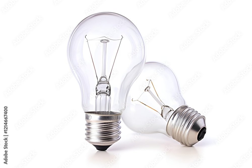Two clear incandescent light bulbs isolated on a white background, symbolizing ideas, energy, innovation, and simplicity in design and technology Two clear incandescent light bulbs isolated on a white background, symbolizing ideas, energy, innovation, and simplicity in design and technology