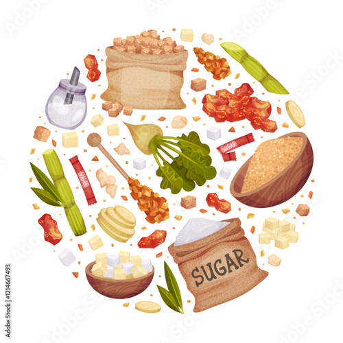 Sweet Sugar Round Composition Design with Candy and Plant Vector Template