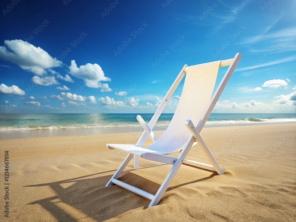 Blank White Folding Beach Chair Mockup - Side View, Copy Space, Summer Relaxation Blank White Folding Beach Chair Mockup - Side View, Copy Space, Summer Relaxation