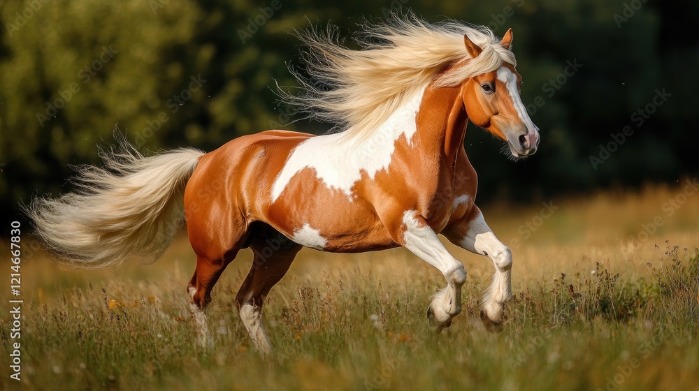 Obraz premium Red and palomino horse with long blond mane in motion on field