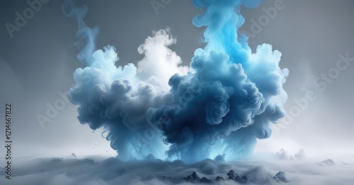 Dense fog with blue smoke effect on a white background, dense fog, ethereal effect photo