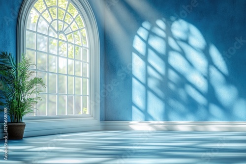 Cozy interior space with a blue room, window, and potted plant