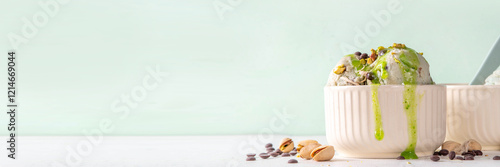 Photography Dubai Chocolate Ice Cream, bowl with pistachio ice cream with tahini, kataifi an