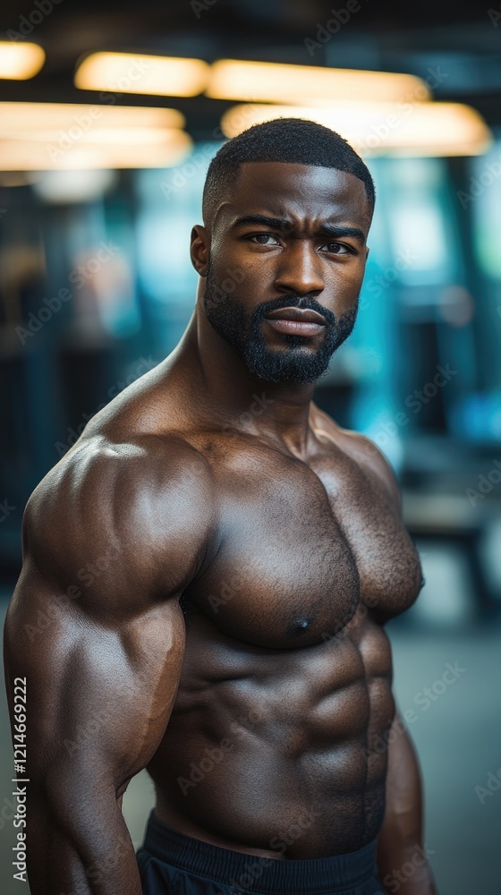Confident muscular African American man posing at a modern gym with bright lighting in the background Confident muscular African American man posing at a modern gym with bright lighting in the background